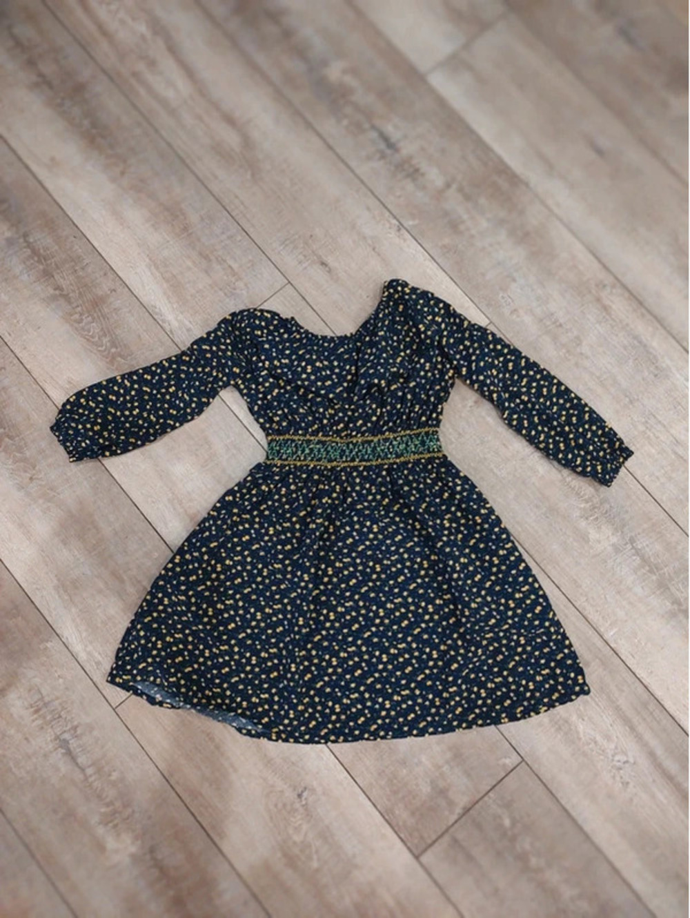 Tiny Sugar Girls' Navy Blue Floral Midi Dress SZ 7, Smocked Waist & Long Sleeves